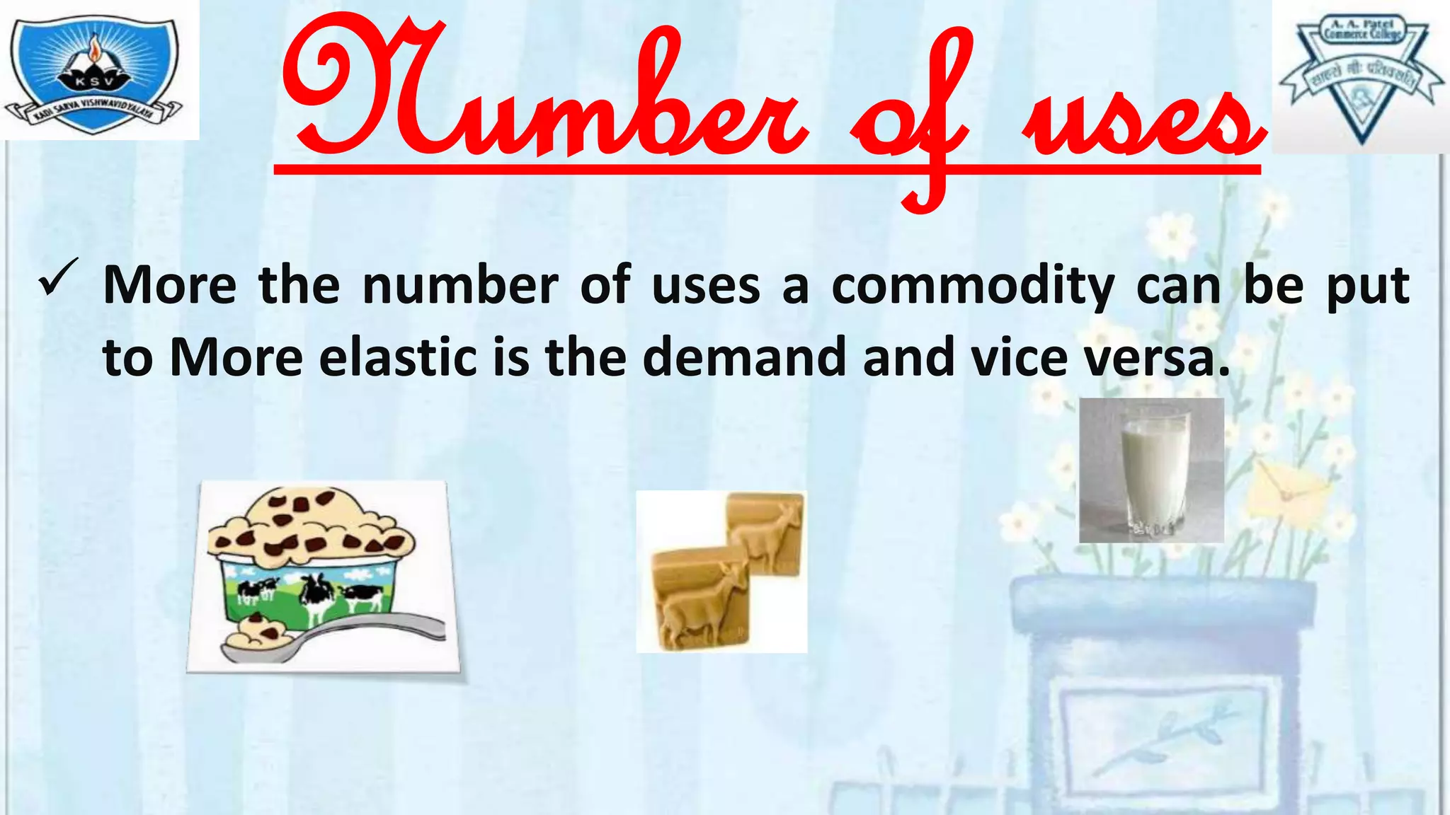Number of uses
 More the number of uses a commodity can be put
to More elastic is the demand and vice versa.
 