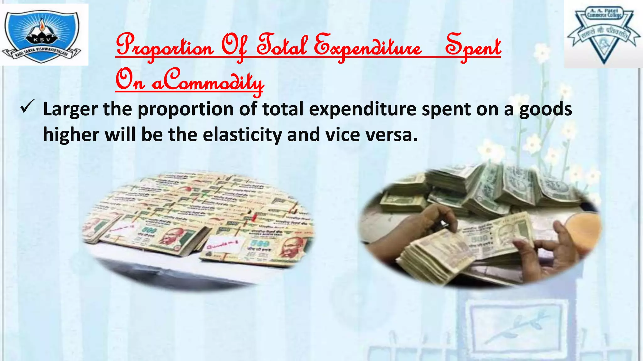 Proportion Of Total Expenditure Spent
On aCommodity
 Larger the proportion of total expenditure spent on a goods
higher will be the elasticity and vice versa.
 