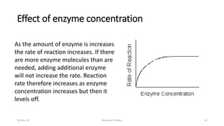 Effect of enzyme concentration
As the amount of enzyme is increases
the rate of reaction increases. If there
are more enzyme molecules than are
needed, adding additional enzyme
will not increase the rate. Reaction
rate therefore increases as enzyme
concentration increases but then it
levels off.
30-Mar-18 Namrata Chhabra 14
 