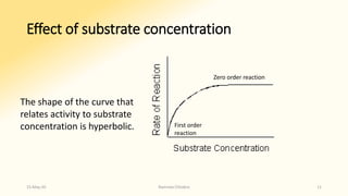 Effect of substrate concentration
The shape of the curve that
relates activity to substrate
concentration is hyperbolic. First order
reaction
Zero order reaction
15-May-20 Namrata Chhabra 11
 