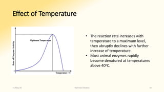 Effect of Temperature
• The reaction rate increases with
temperature to a maximum level,
then abruptly declines with further
increase of temperature.
• Most animal enzymes rapidly
become denatured at temperatures
above 40oC.
15-May-20 Namrata Chhabra 18
 