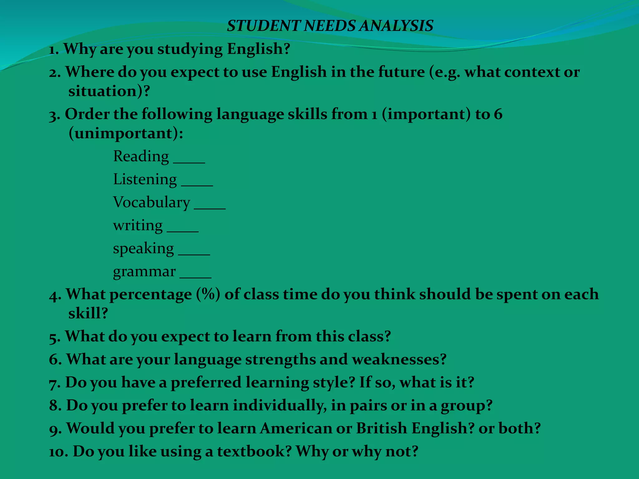 STUDENT NEEDS ANALYSIS
1. Why are you studying English?
2. Where do you expect to use English in the future (e.g. what context or
situation)?
3. Order the following language skills from 1 (important) to 6
(unimportant):
Reading ____
Listening ____
Vocabulary ____
writing ____
speaking ____
grammar ____
4. What percentage (%) of class time do you think should be spent on each
skill?
5. What do you expect to learn from this class?
6. What are your language strengths and weaknesses?
7. Do you have a preferred learning style? If so, what is it?
8. Do you prefer to learn individually, in pairs or in a group?
9. Would you prefer to learn American or British English? or both?
10. Do you like using a textbook? Why or why not?
 