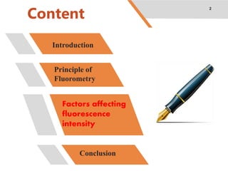 Content
2
Introduction
Principle of
Fluorometry
Factors affecting
fluorescence
intensity
Conclusion
 