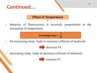 Continued…
6
• Intensity of fluorescence is inversely proportional to the
increasing of temperature.
• So,increasing temp. leads to increase collision of molecule
decrease FI.
• decreasing temp. leads to decrease collision of molecule
increase FI.
Effect of Temperature
Increasing temp. 
𝟏
𝑭𝑰
 