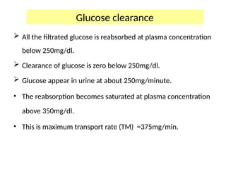 Glucose clearance
 All the filtrated glucose is reabsorbed at plasma concentration
below 250mg/dl.
 Clearance of glucose is zero below 250mg/dl.
 Glucose appear in urine at about 250mg/minute.
• The reabsorption becomes saturated at plasma concentration
above 350mg/dl.
• This is maximum transport rate (TM) =375mg/min.
 