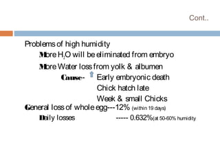 Cont..
Problemsof high humidity
MoreH2O will beeliminated from embryo
MoreWater lossfrom yolk & albumen
Cause- Early embryonic death
Chick hatch late
Week & small Chicks
General lossof wholeegg---12% (within 19 days)
Daily losses ----- 0.632%(at 50-60% humidity
 