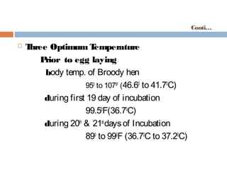 Conti…
 Three Optimum Temperature
Prior to egg laying
body temp. of Broody hen
950
to 1070F
(46.60
to 41.70
C)
during first 19 day of incubation
99.50
F(36.70
C)
during 20th
& 21st
daysof Incubation
890
to 990
F (36.70
C to 37.20
C)
 