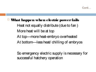 Conti…
 What happen when electric powerfails
Heat not equally distribute(dueto fan )
Moreheat will beat top
At top—moreheat-embryo overheated
At bottom—lessheat/ chilling of embryos
So emergency electric supply isnecessary for
successful hatchery operation
 