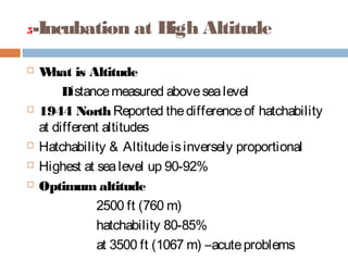 5-Incubation at High Altitude
 What is Altitude
Distancemeasured abovesealevel
 1944 NorthReported thedifferenceof hatchability
at different altitudes
 Hatchability & Altitudeisinversely proportional
 Highest at sealevel up 90-92%
 Optimum altitude
2500 ft (760 m)
hatchability 80-85%
at 3500 ft (1067 m) –acuteproblems
 