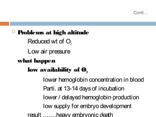 Conti…
 Problems at high altitude
Reduced wt of O2
Low air pressure
what happen
low availability of O2
lower hemoglobin concentration in blood
Parti. at 13-14 daysof incubation
lower / delayed hemoglobin production
low supply for embryo development
result …….heavy embryonic death
 