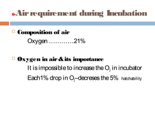 6-Airrequirement during Incubation
 Composition of air
Oxygen …………21%
 Oxygen in air&its importance
It isimpossibleto increasetheO2 in incubator
Each1% drop in O2–decresesthe5% hatchability
 
