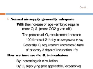 Conti…
 Normal airsupply generally adequate
With theincreaseof age–embryo require
moreO2 & (moreCO2 given off)
Theprocessof O2 requirement increase
100 timesat 21st
day ascompareto 1st
day
Generally O2 requirement increases8 time
after every 3 daysof incubation life
How we increase the O2 in incubators
By increasing air circulation
By O2 supplying (not applicable/ expensive)
 