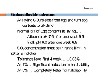 Conti…
 Carbon dioxide tolerance
At laying CO2 releasefrom egg and turn egg
contentsto alkaline
Normal pH of Egg contentsat laying….
Albumen pH 7.6 after oneweek 9.5
Yolk pH 6.0 after oneweek 6.8
CO2 concentration must bein rangelimit in
setter & hatcher
Tolerancelevel first 4 week……0.03%
At 1% …Significant reduction in hatchability
At 5% .... Completely lethal for hatchability
 
