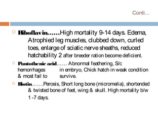 Conti…
 Riboflavin……High mortality 9-14 days. Edema,
Atrophied leg muscles, clubbed down, curled
toes, enlargeof sciatic nervesheaths, reduced
hatchability 2 after breeder ration becomedeficient.
 Pantothenic acid…… Abnormal feathering, S/c
hemorrhages in embryo, Chick hatch in weak condition
& most fail to survive.
 Biotin…….Perosis, Short long bone(micromelia), shortended
& twisted boneof feet, wing & skull. High mortality b/w
1 -7 days.
 