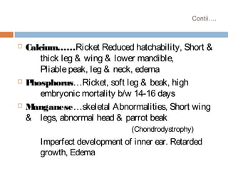 Contii….
 Calcium……Ricket Reduced hatchability, Short &
thick leg & wing & lower mandible,
Pliablepeak, leg & neck, edema
 Phosphorus…Ricket, soft leg & beak, high
embryonic mortality b/w 14-16 days
 Manganese…skeletal Abnormalities, Short wing
& legs, abnormal head & parrot beak
(Chondrodystrophy)
Imperfect development of inner ear. Retarded
growth, Edema
 