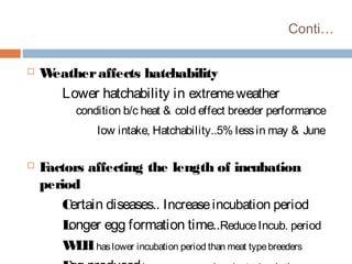 Conti…
 Weatheraffects hatchability
Lower hatchability in extremeweather
condition b/c heat & cold effect breeder performance
low intake, Hatchability..5% lessin may & June
 Factors affecting the length of incubation
period
Certain diseases.. Increaseincubation period
Longer egg formation time..ReduceIncub. period
WLHhaslower incubation period than meat typebreeders
 