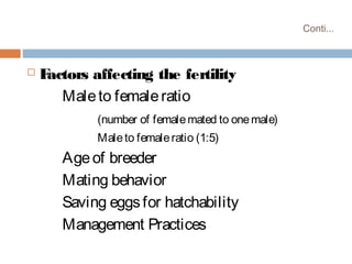 Conti...
 Factors affecting the fertility
Maleto femaleratio
(number of femalemated to onemale)
Maleto femaleratio (1:5)
Ageof breeder
Mating behavior
Saving eggsfor hatchability
Management Practices
 