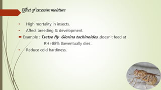 Effect of excessivemoisture
• High mortality in insects.
• Affect breeding & development.
 Example : Tsetse fly Glorina tachinoides ,doesn’t feed at
RH>88% &eventually dies .
• Reduce cold hardiness.
 