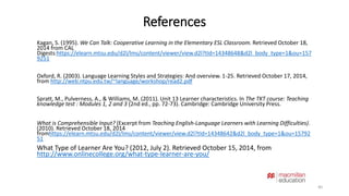 References 
Kagan, S. (1995).We Can Talk: Cooperative Learning in the Elementary ESL Classroom. Retrieved October 18, 
2014 from CAL 
Digests:https://elearn.mtsu.edu/d2l/lms/content/viewer/view.d2l?tId=14348648&d2l_body_type=1&ou=157 
9251 
Oxford, R. (2003). Language Learning Styles and Strategies: And overview. 1-25. Retrieved October 17, 2014, 
from http://web.ntpu.edu.tw/~language/workshop/read2.pdf 
Spratt, M., Pulverness, A., & Williams, M. (2011). Unit 13 Learner characteristics. In The TKT course: Teaching 
knowledge test : Modules 1, 2 and 3 (2nd ed., pp. 72-73). Cambridge: Cambridge University Press. 
What is Comprehensible Input? (Excerpt from Teaching English-Language Learners with Learning Difficulties). 
(2010). Retrieved October 18, 2014 
fromhttps://elearn.mtsu.edu/d2l/lms/content/viewer/view.d2l?tId=14348642&d2l_body_type=1&ou=15792 
51 
What Type of Learner Are You? (2012, July 2). Retrieved October 15, 2014, from 
http://www.onlinecollege.org/what-type-learner-are-you/ 
40 
