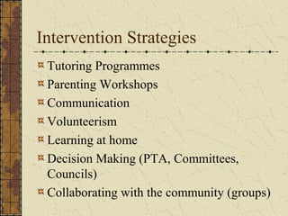 Intervention Strategies
 Tutoring Programmes
 Parenting Workshops
 Communication
 Volunteerism
 Learning at home
 Decision Making (PTA, Committees,
 Councils)
 Collaborating with the community (groups)
 