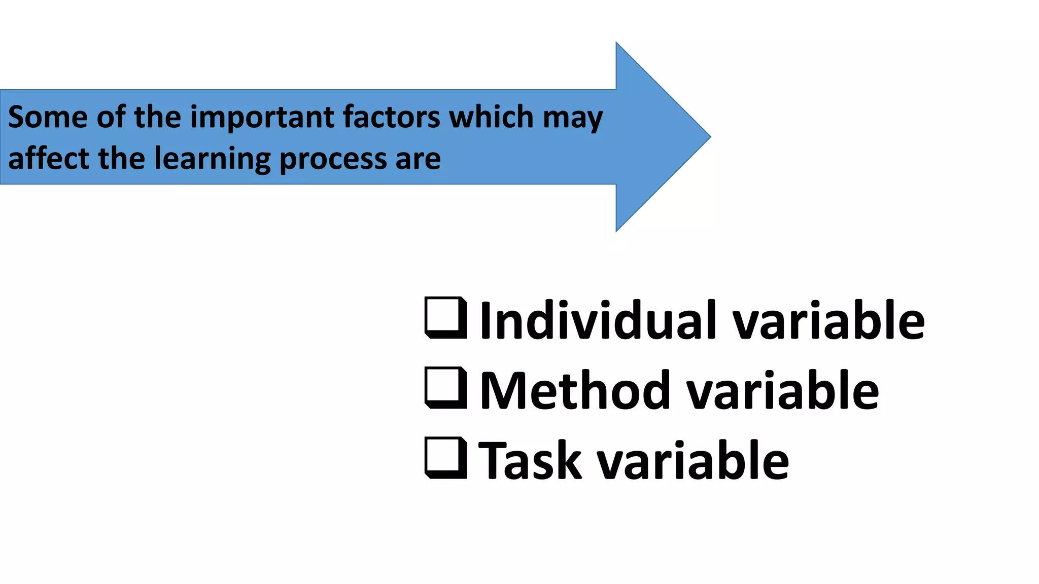 Some of the important factors which may
affect the learning process are
Individual variable
Method variable
Task variable
 