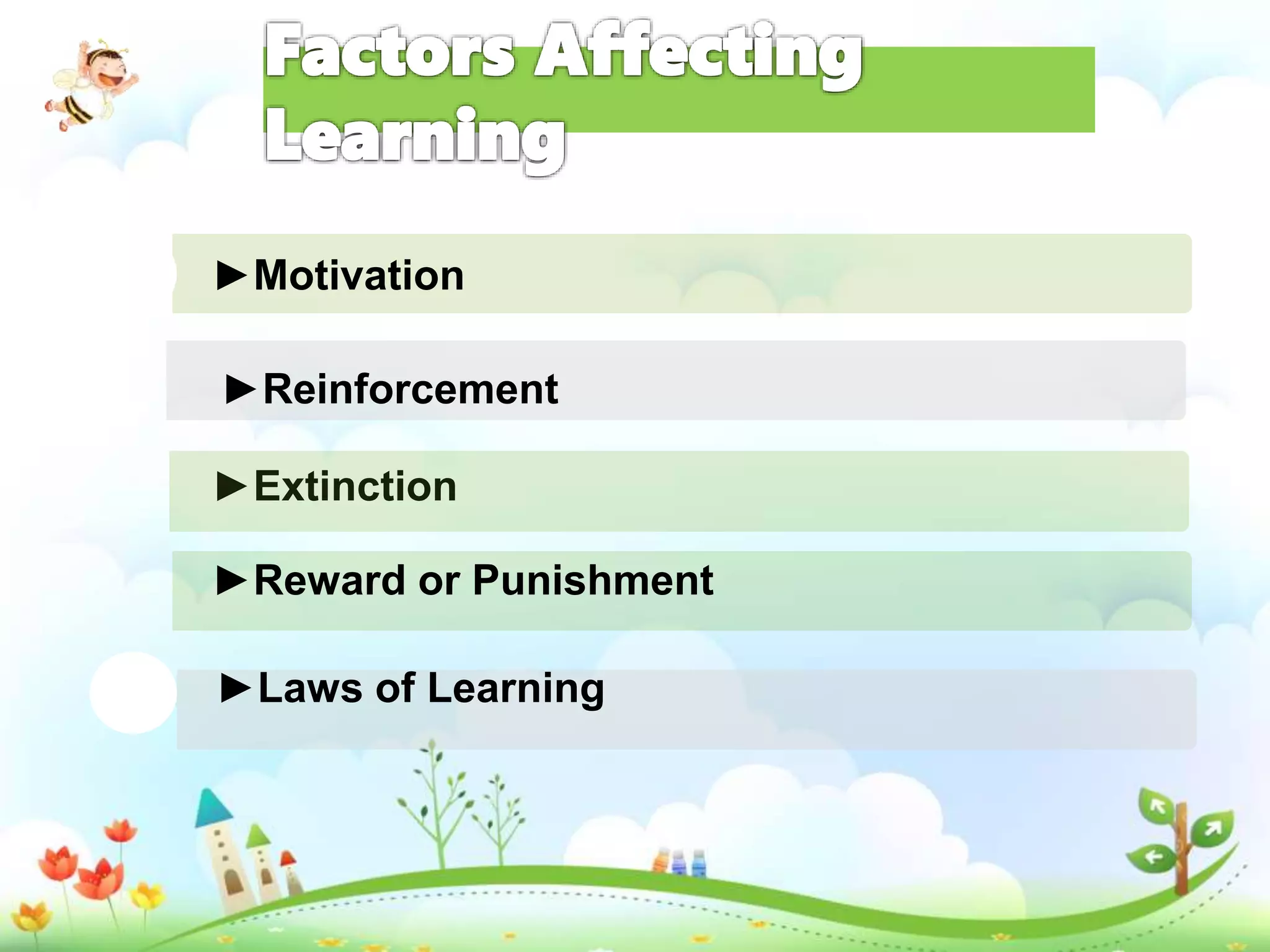 ►Motivation
►Extinction
►Reward or Punishment
►Laws of Learning
►Reinforcement
 