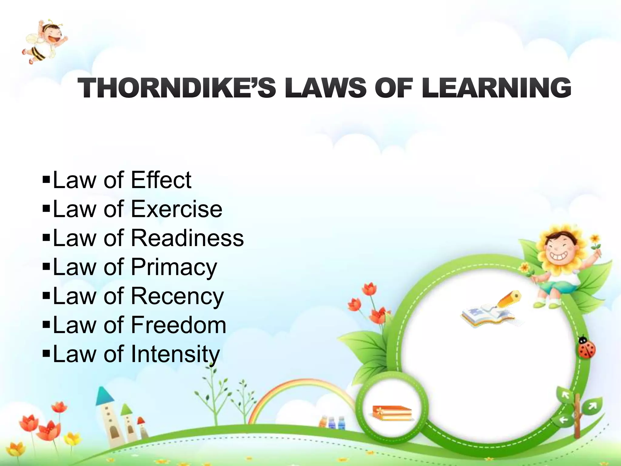 Law of Effect
Law of Exercise
Law of Readiness
Law of Primacy
Law of Recency
Law of Freedom
Law of Intensity
 