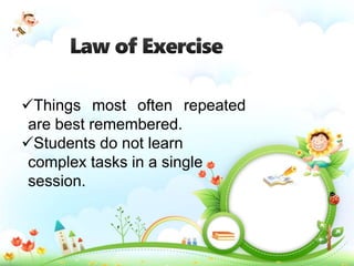 Things most often repeated
are best remembered.
Students do not learn
complex tasks in a single
session.
 