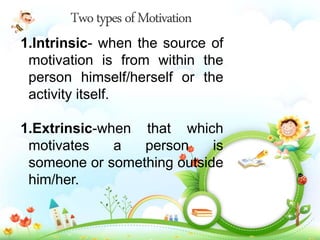 1.Intrinsic- when the source of
motivation is from within the
person himself/herself or the
activity itself.
1.Extrinsic-when that which
motivates a person is
someone or something outside
him/her.
 