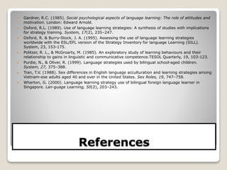 References
 Gardner, R.C. (1985). Social psychological aspects of language learning: The role of attitudes and
motivation. London: Edward Arnold.
 Oxford, R.L. (1989). Use of language learning strategies: A synthesis of studies with implications
for strategy training. System, 17(2), 235–247.
 Oxford, R. & Burry-Stock, J. A. (1995). Assessing the use of language learning strategies
worldwide with the ESL/EFL version of the Strategy Inventory for language Learning (SILL).
System, 23, 153-175.
 Politzer, R. L., & McGroarty, M. (1985). An exploratory study of learning behaviours and their
relationship to gains in linguistic and communicative competence.TESOL Quarterly, 19, 103-123.
 Purdie, N., & Oliver, R. (1999). Language strategies used by bilingual school-aged children.
System, 27, 375–388.
 Tran, T.V. (1988). Sex differences in English language acculturation and learning strategies among
Vietnam-ese adults aged 40 and over in the United States. Sex Roles, 19, 747–758.
 Wharton, G. (2000). Language learning strategy use of bilingual foreign language learner in
Singapore. Lan-guage Learning, 50(2), 203–243.
 