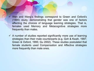  Wen and Wang’s findings correspond to Green and Oxford’s
(1995) study, demonstrating that gender was one of factors
affecting the choices of language learning strategies. That is,
females used Memory and Metacognitive strategies more
frequently than males.
 A number of studies reported significantly more use of learning
strategies than their male counterparts (e.g. Goh & Kwah, 1997;
Green & Oxford, 1995; Gu 2002). These studies postulated that
female students used Compensation and Affective strategies
more frequently than male ones.
 