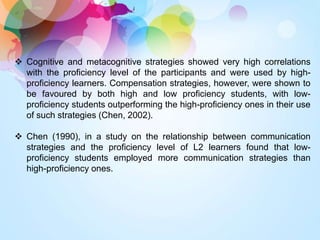  Cognitive and metacognitive strategies showed very high correlations
with the proficiency level of the participants and were used by high-
proficiency learners. Compensation strategies, however, were shown to
be favoured by both high and low proficiency students, with low-
proficiency students outperforming the high-proficiency ones in their use
of such strategies (Chen, 2002).
 Chen (1990), in a study on the relationship between communication
strategies and the proficiency level of L2 learners found that low-
proficiency students employed more communication strategies than
high-proficiency ones.
 
