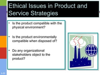 1-23
Ethical Issues in Product and
Service Strategies
• Is the product compatible with the
physical environment?
• Is the product environmentally
compatible when disposed of?
• Do any organizational
stakeholders object to the
product?
 