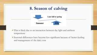 8. Season of calving
This is likely due to an interaction between day light and ambient
temperature
Seasonal differences have become less significant because of better feeding
and management of the dairy cow
 