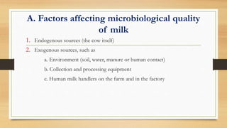A. Factors affecting microbiological quality
of milk
1. Endogenous sources (the cow itself)
2. Exogenous sources, such as
a. Environment (soil, water, manure or human contact)
b. Collection and processing equipment
c. Human milk handlers on the farm and in the factory
 