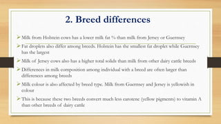2. Breed differences
Milk from Holstein cows has a lower milk fat % than milk from Jersey or Guernsey
Fat droplets also differ among breeds. Holstein has the smallest fat droplet while Guernsey
has the largest
Milk of Jersey cows also has a higher total solids than milk from other dairy cattle breeds
Differences in milk composition among individual with a breed are often larger than
differences among breeds
Milk colour is also affected by breed type. Milk from Guernsey and Jersey is yellowish in
colour
This is because these two breeds convert much less carotene (yellow pigments) to vitamin A
than other breeds of dairy cattle
 