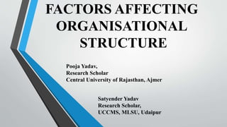 FACTORS AFFECTING
ORGANISATIONAL
STRUCTURE
Pooja Yadav,
Research Scholar
Central University of Rajasthan, Ajmer
Satyender Yadav
Research Scholar,
UCCMS, MLSU, Udaipur
 