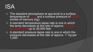 ISA
 The standard atmosphere at sea level is a surface
temperature of 15 C and a surface pressure of 29.92
inches of mercury (hg)
 A standard temperature lapse rate is one in which
the temp decreases at the rate of approx. 2 C per
thousand feet up to 36,000 feet
 A standard pressure lapse rate is one in which the
pressure decreases at the rate of approx. 1” hg per
1,000’
 