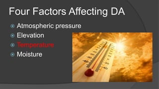 Four Factors Affecting DA
 Atmospheric pressure
 Elevation
 Temperature
 Moisture
 