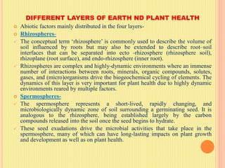 DIFFERENT LAYERS OF EARTH ND PLANT HEALTH
 Abiotic factors mainly distributed in the four layers-
 Rhizospheres-
 The conceptual term ‘rhizosphere’ is commonly used to describe the volume of
soil influenced by roots but may also be extended to describe root–soil
interfaces that can be separated into ecto -rhizosphere (rhizosphere soil),
rhizoplane (root surface), and endo-rhizosphere (inner root).
 Rhizospheres are complex and highly-dynamic environments where an immense
number of interactions between roots, minerals, organic compounds, solutes,
gases, and (micro)organisms drive the biogeochemical cycling of elements. The
dynamics of this layer is very important for plant health due to highly dynamic
environments reared by multiple factors.
 Spermospheres-
 The spermosphere represents a short-lived, rapidly changing, and
microbiologically dynamic zone of soil surrounding a germinating seed. It is
analogous to the rhizosphere, being established largely by the carbon
compounds released into the soil once the seed begins to hydrate.
 These seed exudations drive the microbial activities that take place in the
spermosphere, many of which can have long-lasting impacts on plant growth
and development as well as on plant health.
 