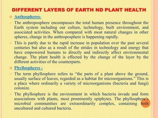 DIFFERENT LAYERS OF EARTH ND PLANT HEALTH
 Anthospheres-
 The anthroposphere encompasses the total human presence throughout the
Earth system including our culture, technology, built environment, and
associated activities. When compared with most natural changes in other
spheres, change in the anthroposphere is happening rapidly.
 This is partly due to the rapid increase in population over the past several
centuries but also as a result of the strides in technology and energy that
have empowered humans to directly and indirectly affect environmental
change. The plant health is effected by the change of the layer by the
different activities of the counterparts.
 Phyllospheres -
 The term phyllosphere refers to “the parts of a plant above the ground,
usually surface of leaves, regarded as a habitat for microorganisms.” This is
a place where ordinarily a variety of microorganisms (bacteria and fungi)
colonize.
 The phyllosphere is the environment in which bacteria invade and form
associations with plants, most prominently epiphytes. The phyllosphere’s
microbial communities are extraordinarily complex, containing both
uncultured and cultured bacteria.
 