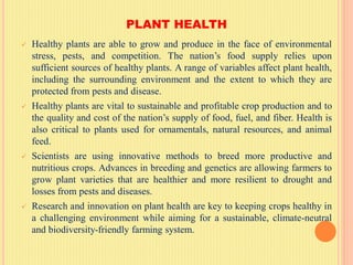 PLANT HEALTH
 Healthy plants are able to grow and produce in the face of environmental
stress, pests, and competition. The nation’s food supply relies upon
sufficient sources of healthy plants. A range of variables affect plant health,
including the surrounding environment and the extent to which they are
protected from pests and disease.
 Healthy plants are vital to sustainable and profitable crop production and to
the quality and cost of the nation’s supply of food, fuel, and fiber. Health is
also critical to plants used for ornamentals, natural resources, and animal
feed.
 Scientists are using innovative methods to breed more productive and
nutritious crops. Advances in breeding and genetics are allowing farmers to
grow plant varieties that are healthier and more resilient to drought and
losses from pests and diseases.
 Research and innovation on plant health are key to keeping crops healthy in
a challenging environment while aiming for a sustainable, climate-neutral
and biodiversity-friendly farming system.
 