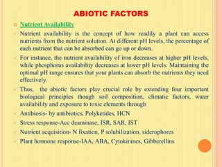 ABIOTIC FACTORS
 Nutrient Availability
 Nutrient availability is the concept of how readily a plant can access
nutrients from the nutrient solution. At different pH levels, the percentage of
each nutrient that can be absorbed can go up or down.
 For instance, the nutrient availability of iron decreases at higher pH levels,
while phosphorus availability decreases at lower pH levels. Maintaining the
optimal pH range ensures that your plants can absorb the nutrients they need
effectively.
 Thus, the abiotic factors play crucial role by extending four important
biological principles though soil composition, climatic factors, water
availability and exposure to toxic elements through
 Antibiosis- by antibiotics, Polyketides, HCN
 Stress response-Acc deaminase, ISR, SAR, IST
 Nutrient acquisition- N fixation, P solubilization, siderophores
 Plant hormone response-IAA, ABA, Cytokinines, Gibberellins
 