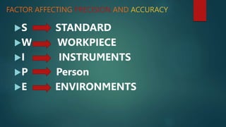 FACTOR AFFECTING PRECISION AND ACCURACY
S STANDARD
W WORKPIECE
I INSTRUMENTS
P Person
E ENVIRONMENTS
 