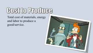 Total cost of materials, energy
and labor to produce a
good/service.
 