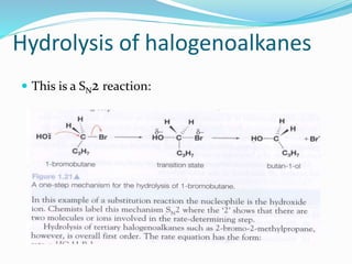 Hydrolysis of halogenoalkanes
 This is a SN2 reaction:
 