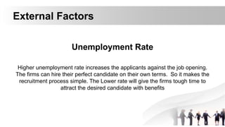 External Factors
Unemployment Rate
Higher unemployment rate increases the applicants against the job opening.
The firms can hire their perfect candidate on their own terms. So it makes the
recruitment process simple. The Lower rate will give the firms tough time to
attract the desired candidate with benefits
 