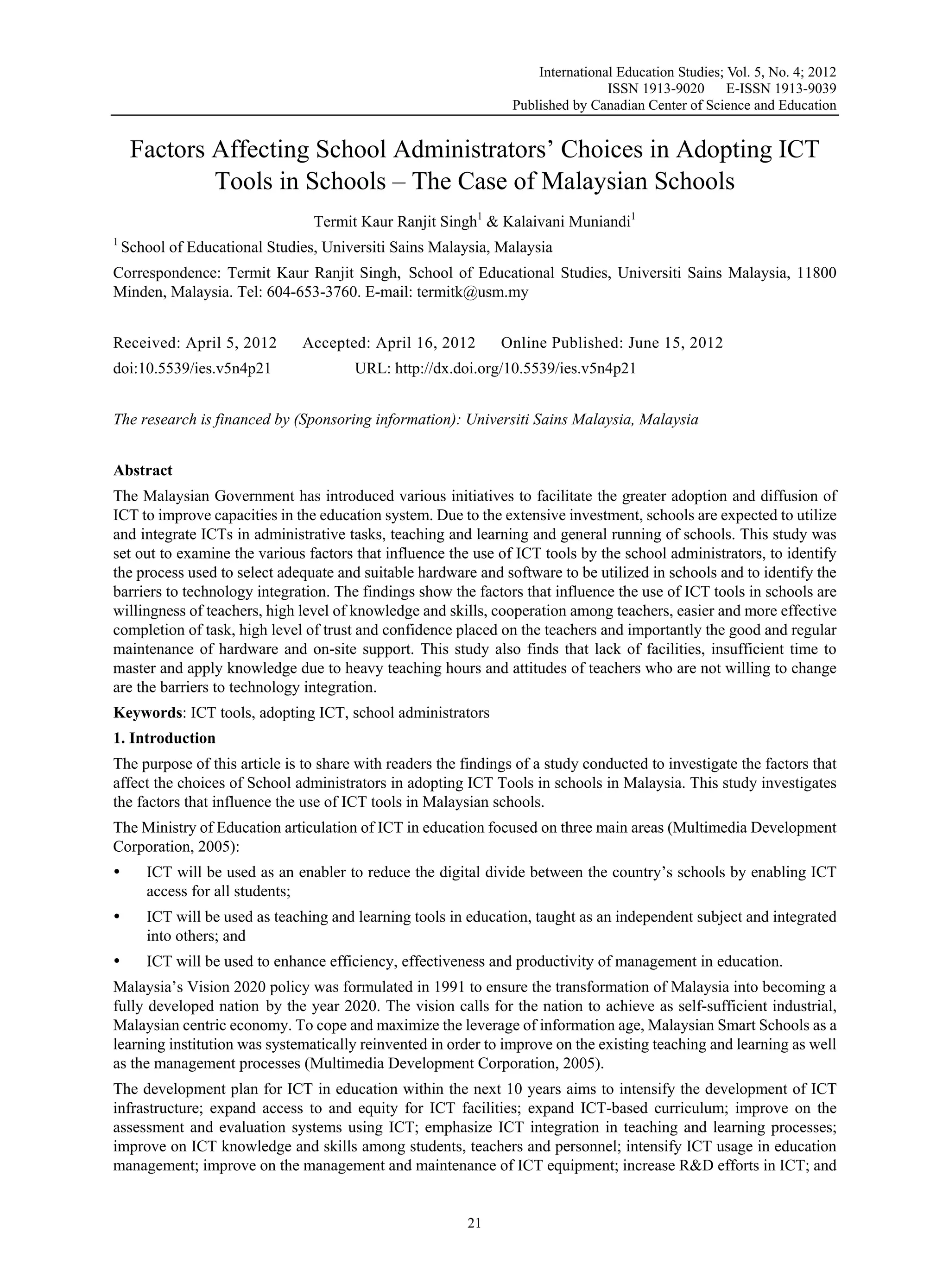 Factors affecting school admin choices in adopting ict tools | PDF