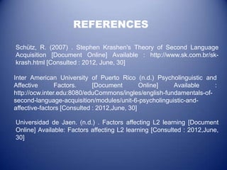 REFERENCES

Schütz, R. (2007) . Stephen Krashen's Theory of Second Language
Acquisition [Document Online] Available : http://www.sk.com.br/sk-
krash.html [Consulted : 2012, June, 30]

Inter American University of Puerto Rico (n.d.) Psycholinguistic and
Affective       Factors.     [Document        Online]  Available     :
http://ocw.inter.edu:8080/eduCommons/ingles/english-fundamentals-of-
second-language-acquisition/modules/unit-6-psycholinguistic-and-
affective-factors [Consulted : 2012,June, 30]

Universidad de Jaen. (n.d.) . Factors affecting L2 learning [Document
Online] Available: Factors affecting L2 learning [Consulted : 2012,June,
30]
 