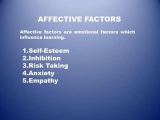 AFFECTIVE FACTORS
Affective factors are emotional factors which
influence learning.


1.Self-Esteem
2.Inhibition
3.Risk Taking
4.Anxiety
5.Empathy
 